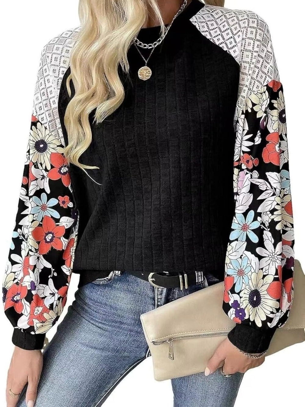 Woman’s Black Floral and lace Raglan-Sleeve Crewneck loose Sweater Boho XL 1241